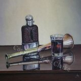 Hunting horn and flask Original Painting For Sale 